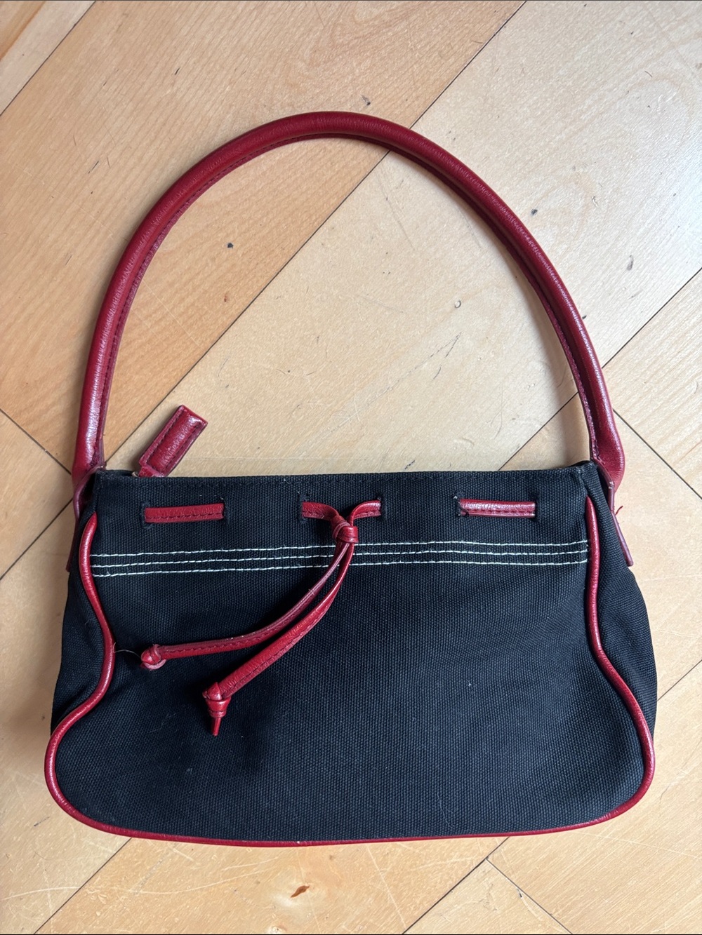 Vintage Y2K Victoria Secret Black Canvas and Red Vegan Leather Mini Shoulder Bag
